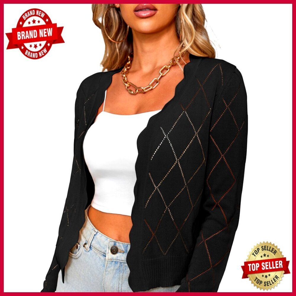 Long Sleeve Cropped Cardigan Sweater Open Front Hollow Out Shrug S-XL